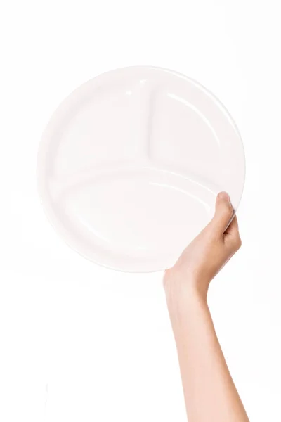 Woman Hand Hold White Dish Isolated White — Stock Photo, Image