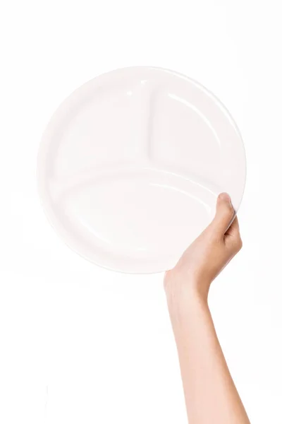 Mano Mujer Sostiene Plato Blanco Aislado Blanco — Foto de Stock