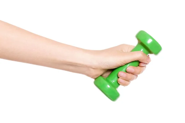 Mulher Mão Segurar Haltere Isolado Branco — Fotografia de Stock
