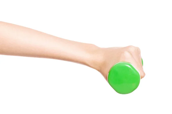 Mulher Mão Segurar Haltere Verde Isolado Branco — Fotografia de Stock