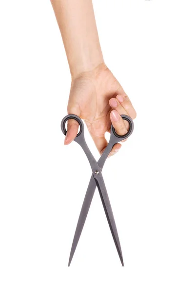 Woman Hand Hold Long Scissors Isolated White — Stock Photo, Image