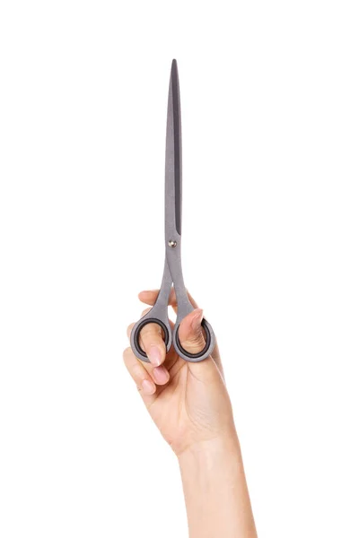 Woman Hand Hold Long Scissors Isolated White — Stock Photo, Image