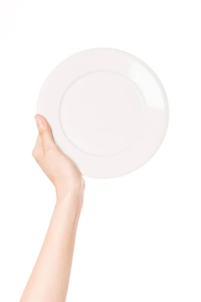 Mano Mujer Sostiene Plato Blanco Aislado Blanco — Foto de Stock