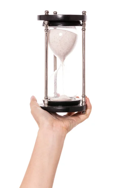 Kvinna Hand Hålla Sand Timer Isolerad Vit — Stockfoto