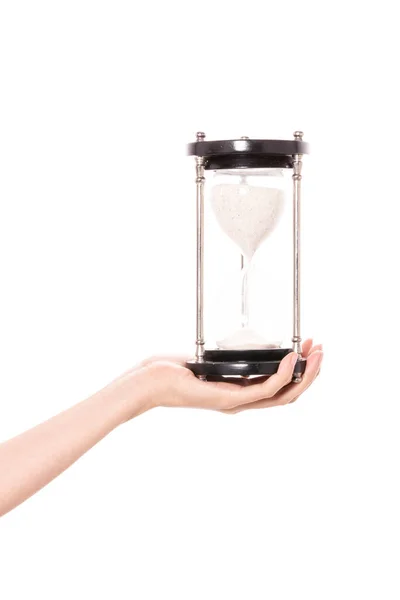 Kvinna Hand Hålla Sand Timer Isolerad Vit — Stockfoto