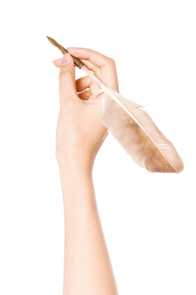 Frauenhand Hält Einen Federfüller Isoliert Auf Weißem Papier — Stockfoto