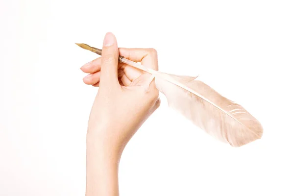 Frauenhand Hält Einen Federfüller Isoliert Auf Weißem Papier — Stockfoto