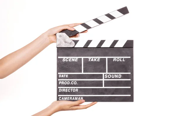 Woman Hand Hold Movie Clapper Isolated White — Stock Photo, Image