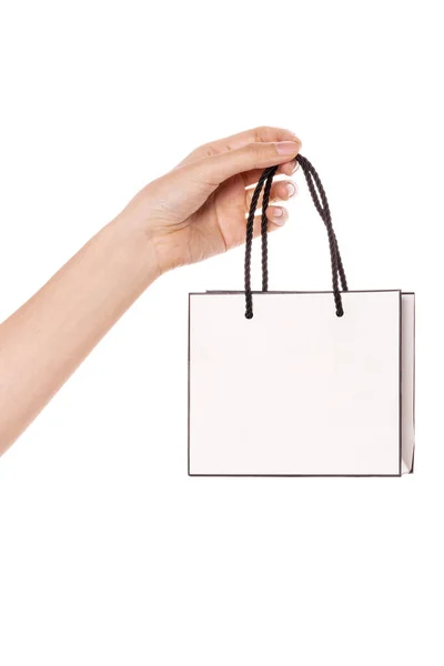 Mulher Mão Segurar Pequeno Saco Compras Branco Isolado Branco — Fotografia de Stock