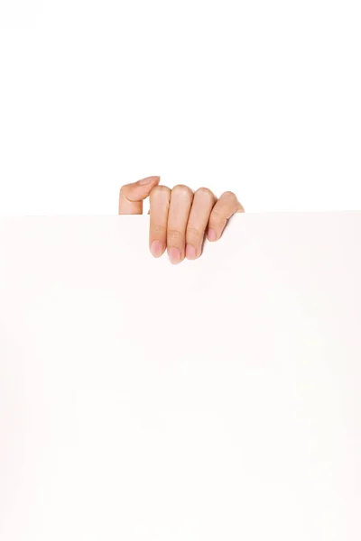 Mulher Mão Segurar Papel Branco Vazio Isolado Branco — Fotografia de Stock