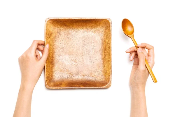 Woman Hand Hold Wood Dish Spoon Isolated White — Stock Photo, Image