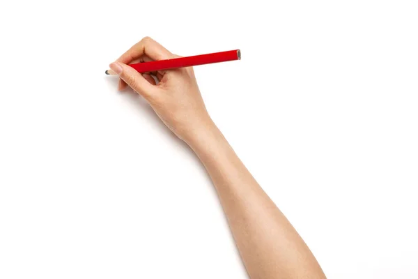 Vrouw Hand Houden Een Rood Potlood Geïsoleerd Wit — Stockfoto