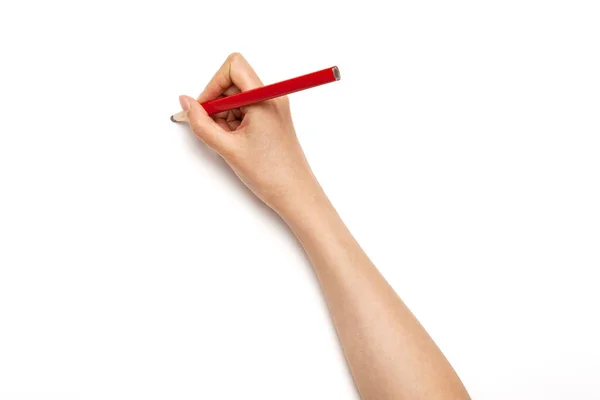 Mulher Mão Segurar Lápis Vermelho Isolado Branco — Fotografia de Stock