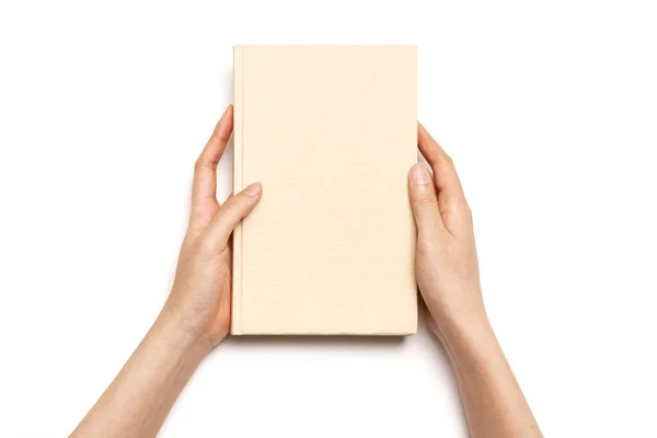 Mano Mujer Sostiene Una Cubierta Libro Aislado Blanco — Foto de Stock