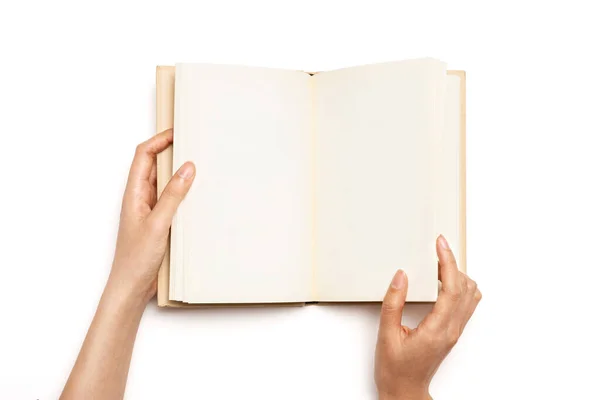 Жінка Рука Тримає Книгу Розтягнуту Ізольовано Білому — стокове фото