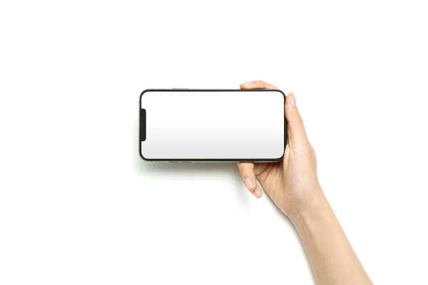 Mulher Mão Segurar Smartphone Isolado Branco — Fotografia de Stock