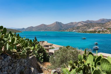 Kaktüsler üstüne Spinalonga. Mavi deniz ve ada ile dağ pitoresk görünümüne.