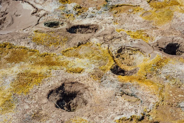 Heta gejsrar med lera och svavelkristaller i vulkankratern — Stockfoto