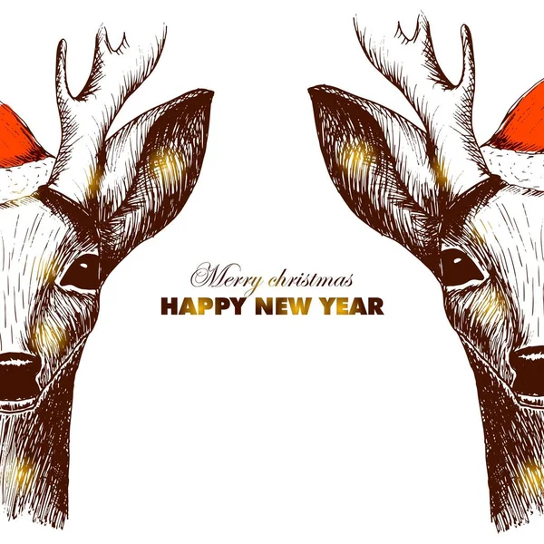 Ručně kreslenou vektorové ilustrace s dvěma jelen v červený santa hat whith text Veselé Vánoce, šťastný nový rok černá kontura na bílém pozadí — Stockový vektor