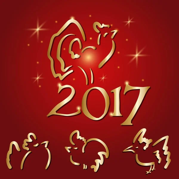 Definir galos silhueta de ouro com galo diferente no fundo vermelho. Símbolo de frango vermelho ardente do Ano Novo chinês 2017. Ilustração vetorial . —  Vetores de Stock
