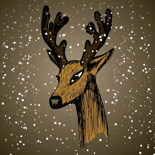 Ручной эскиз головы оленя на красном фоне с имитацией снега и снежинки. Векторная иллюстрация для сайта по продаже охотничьих билбордов Wildlife Graphics в Новый год — стоковый вектор