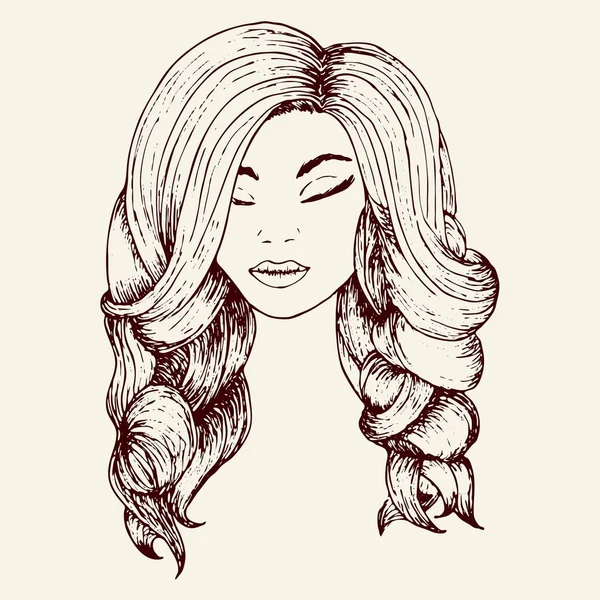 Gadis dengan rambut yang indah, rambut bergelombang, gaya gambar tangan. Opsi tren gaya rambut panjang di salon kecantikan. Gambar hitam terisolasi pada latar belakang putih. ilustrasi mode - Stok Vektor