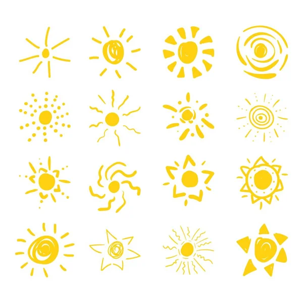 Ensemble de symboles solaires dessinés à la main par des surligneurs jaunes et rouges. Optimisé pour un changement de couleur en un clic. Vecteur au format EPS10 aux couleurs transparentes . — Image vectorielle
