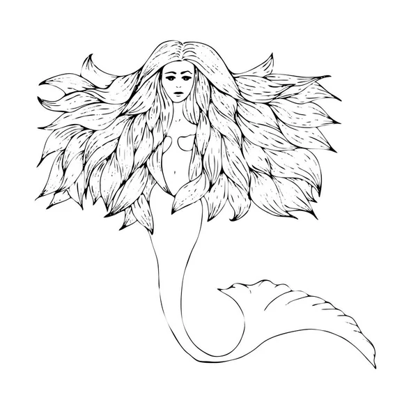 Cartoon sjöjungfrun med flygande hår. Hand isolerade ritobjekt på vit bakgrund. Vektorillustration. Målarbok — Stock vektor