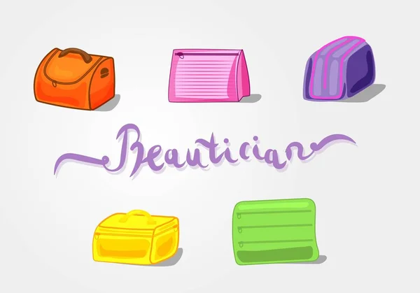 Ilustración vectorial de bolsas cosméticas, bolsas de viaje en diferentes colores: rosa, verde, amarillo, naranja, púrpura. Un conjunto de esteticistas — Archivo Imágenes Vectoriales