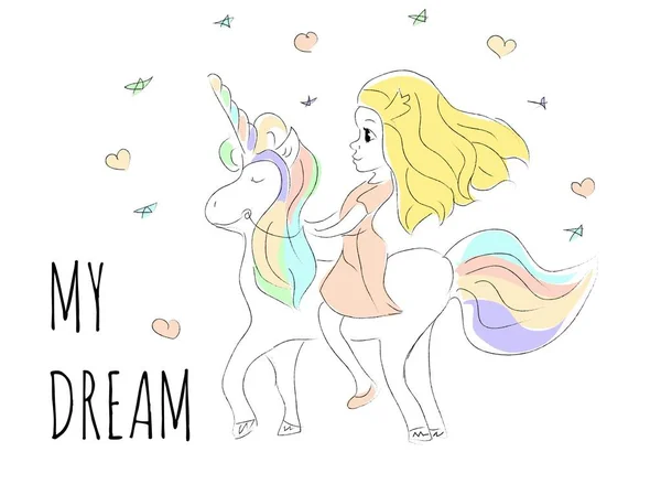 Lindo dibujo de dibujos animados de una chica feliz montando un unicornio — Vector de stock