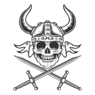 Miğferli klasik Viking kafatası, çapraz kılıçlar ve monokrom tarzında izole edilmiş illüstrasyon.