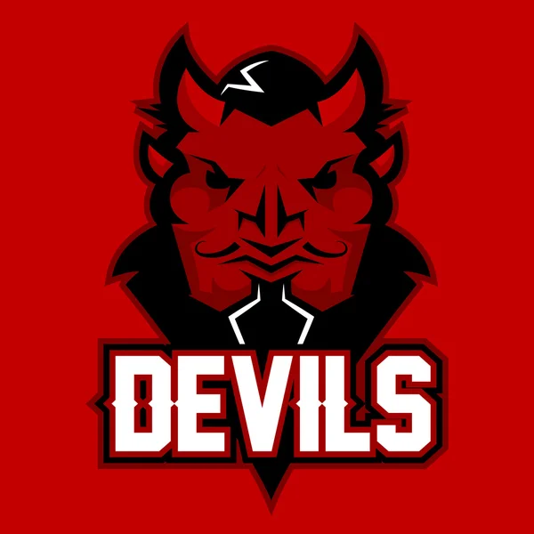 Logotipo profissional moderno para equipe esportiva. Mascote do Diabo. Diabos, símbolo de vetor em um fundo vermelho. —  Vetores de Stock