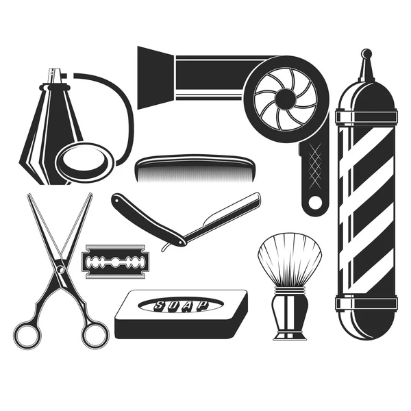 Vector set hair salon elementen in vintage stijl. Haar geknipt schoonheid en barber shop, kam, schaar, mes, zeep, Kapper pool, haardroger. Design elementen, pictogrammen, badges geïsoleerd op witte achtergrond. — Stockvector