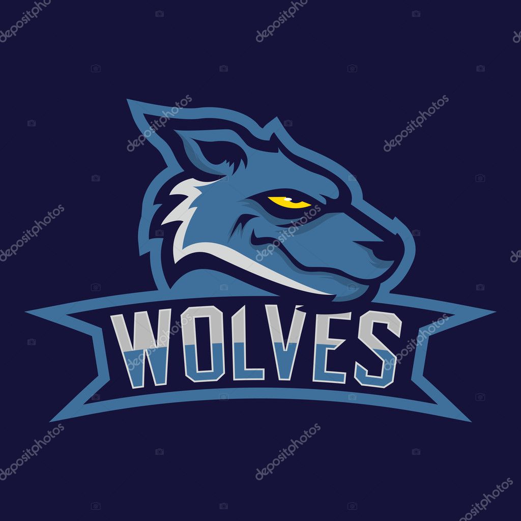 Modern professional logo for sport team. Wolf mascot. Wolves, vector symbol on a dark background