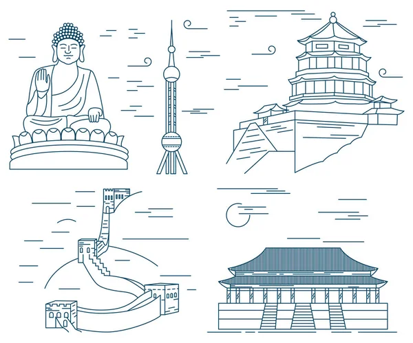 Famosos hitos de China delgada línea. Gran Muralla, Buda de Tian Tan, Ciudad Prohibida, Palacio de Verano, Torre Oriental de Perlas — Vector de stock