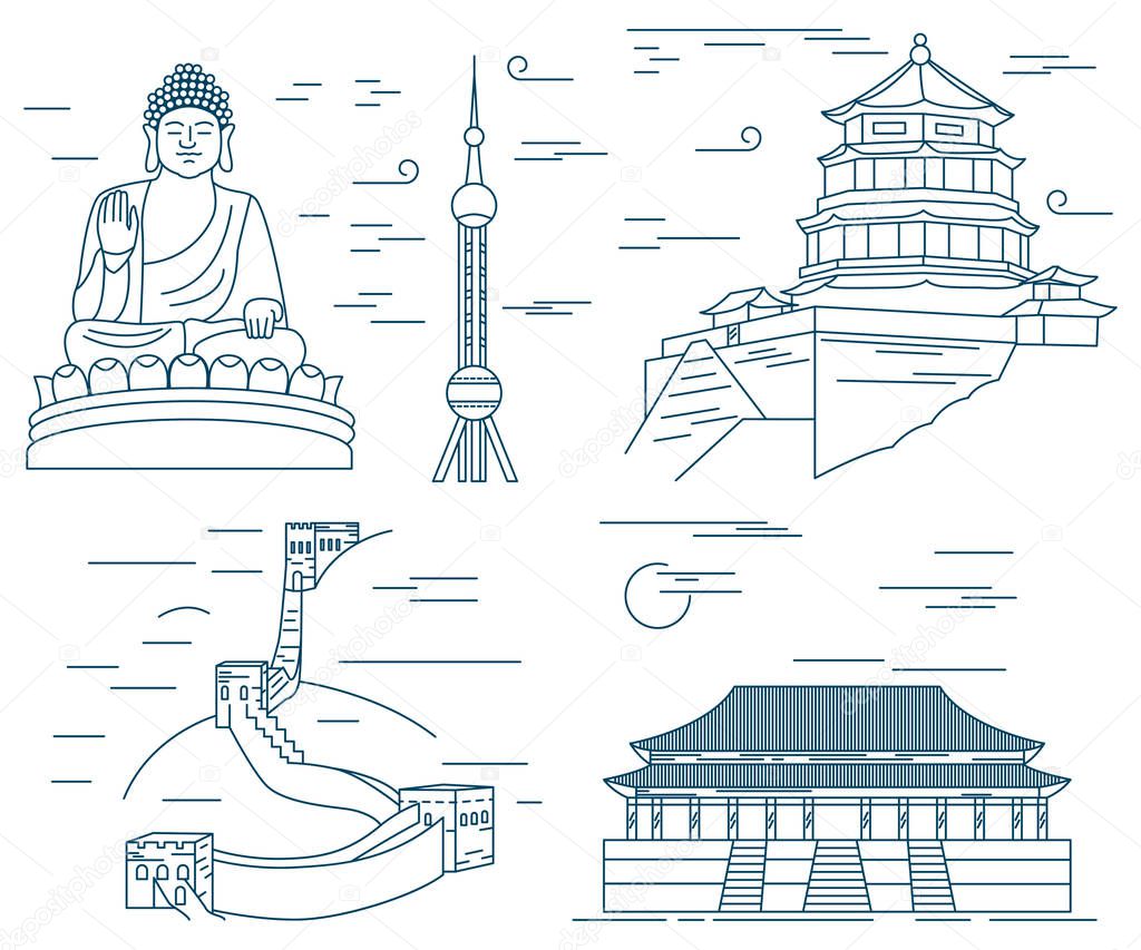 Famous China landmarks thin line. Great Wall, Tian Tan Buddha, Forbidden City , Summer palace, Oriental Pearl Tower