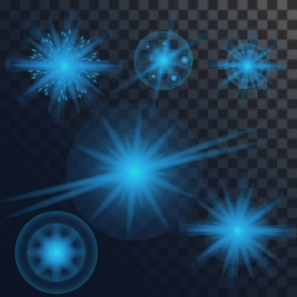 Conjunto de diferentes efectos de luz brillante transparente. Estrella reventó con destellos. Brillo azul . — Archivo Imágenes Vectoriales