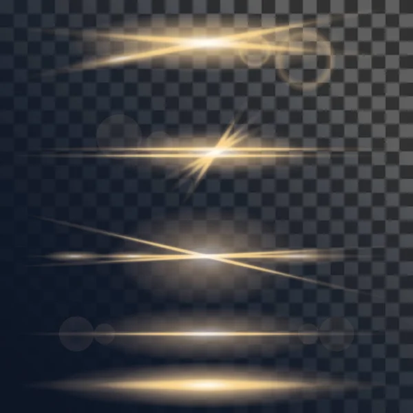 Conjunto vectorial de destellos de luz o explosión estelar con destellos brillantes y efecto de destello de lente. Efecto de luz de explosión solar brillante sobre fondo transparente. Ilustración para la decoración de efectos con destellos de rayos . — Vector de stock