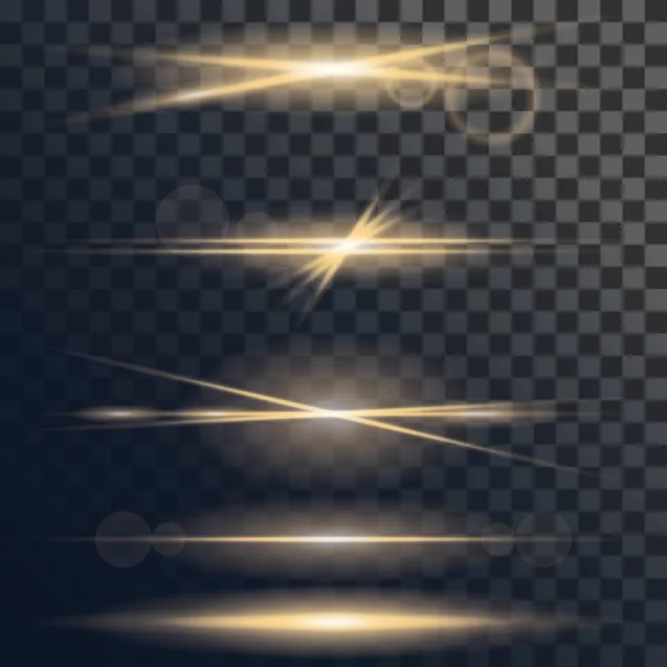 Ensemble vectoriel d'éruption lumineuse ou d'explosion d'étoiles avec des étincelles lumineuses et un effet d'éruption de lentille. Effet lumineux du soleil sur fond transparent. Illustration pour décor effet avec éclats de rayons . — Image vectorielle