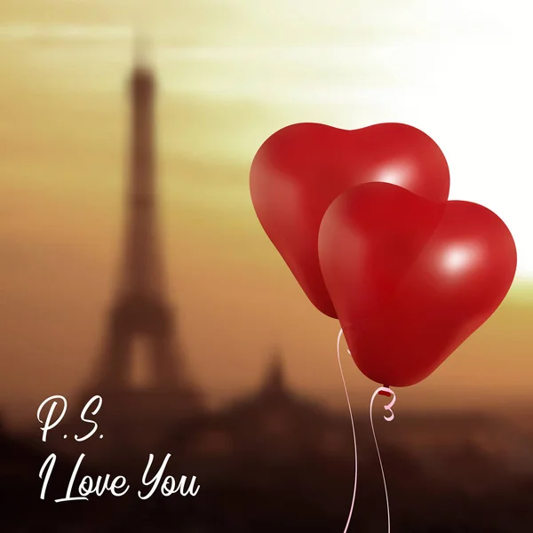 Realistické srdce balónky létající proti Eiffelova věž. párty a oslavy. Prostor pro zprávu. Izolované na světlém pozadí. Miluju tě. Šťastný Valentines den — Stockový vektor
