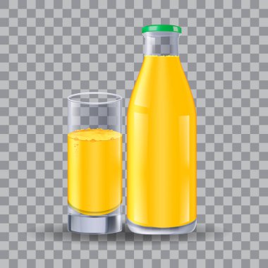 Realistic bottle and glass for milk, juice. Isolated on transparent grid, for design and branding. Transparent glass for every background. clipart