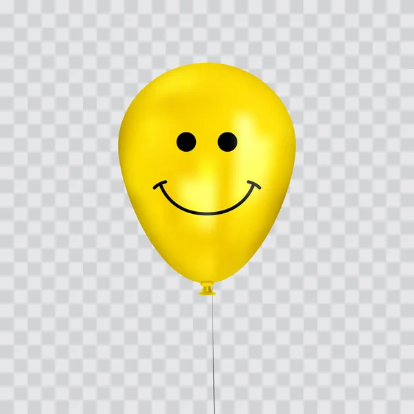 Realistic yellow birthday balloons with smiley cartoon face flying for party or celebrations. Space for message. Isolated on transparency grid. — Stock Vector