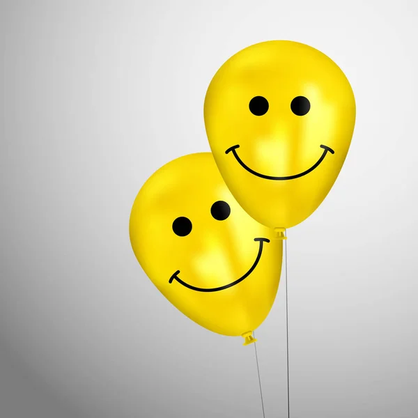 Realistische gele verjaardagsballons met cartoon lachebekje vliegen voor partij of feesten. Ruimte voor bericht. Geïsoleerd op lichte achtergrond. — Stockvector