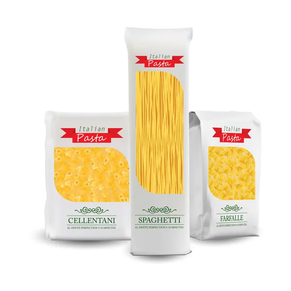 Modello di imballaggio vettoriale. Sacchetto sigillato verticale bianco per confezione di pasta diversa . — Vettoriale Stock