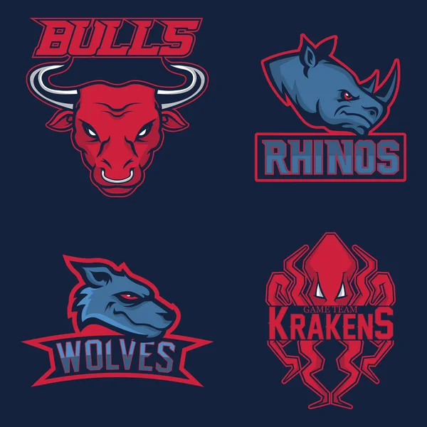 Conjunto de logotipo profesional moderno para el equipo deportivo. Toros, rinocerontes, lobos y krakens mascota. Símbolo vectorial sobre un fondo oscuro . — Vector de stock
