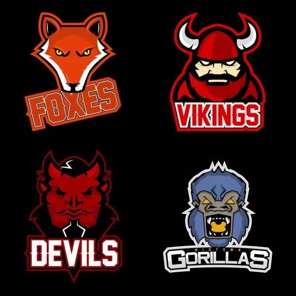 Conjunto de logotipo profissional moderno para equipe esportiva. Raposas, vikings, demónios, mascote de gorila. Símbolo de vetor em um fundo escuro . —  Vetores de Stock