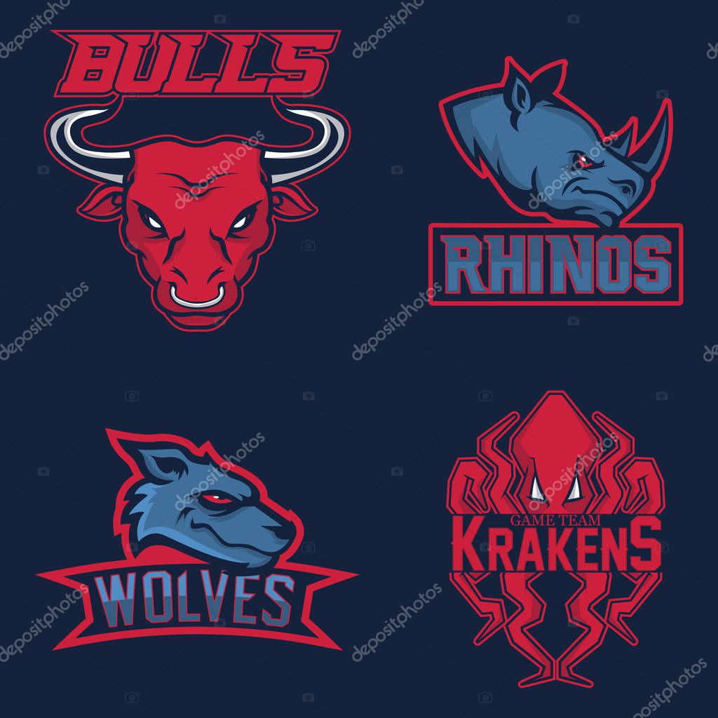 Set of modern professional logo for sport team. Bulls, rhinos, wolves and krakens mascot. Vector symbol on a dark background