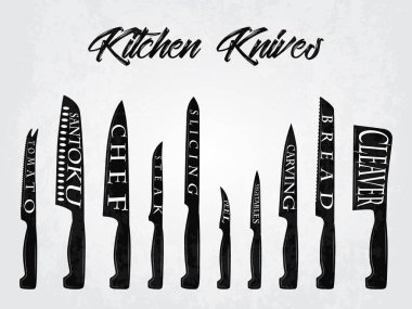 Mutfak bıçakları adları ile gerçekçi kümesi. Vektör çizim.