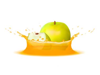 Yeşil elma ve dilim ile suyu gerçekçi sıçrama. Vektör simgesi. Tasarım şablonu