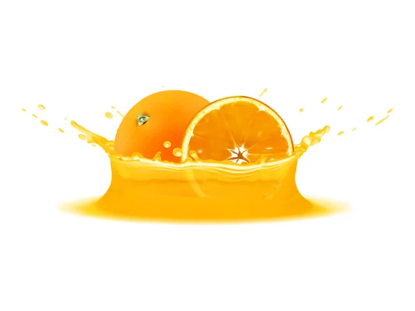 Salpicadura realista de jugo con naranja y rebanada. Icono del vector. Plantilla para su diseño — Vector de stock